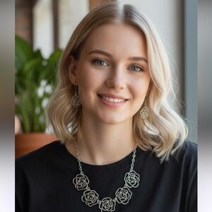 Elegant Silver Rose Necklace Set